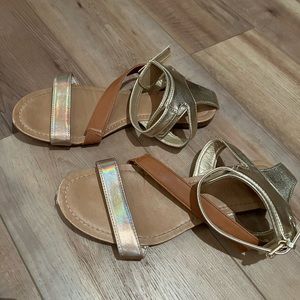 Flat ankle strap sandals size 10:color is champagne/gold, tan, and holographic
